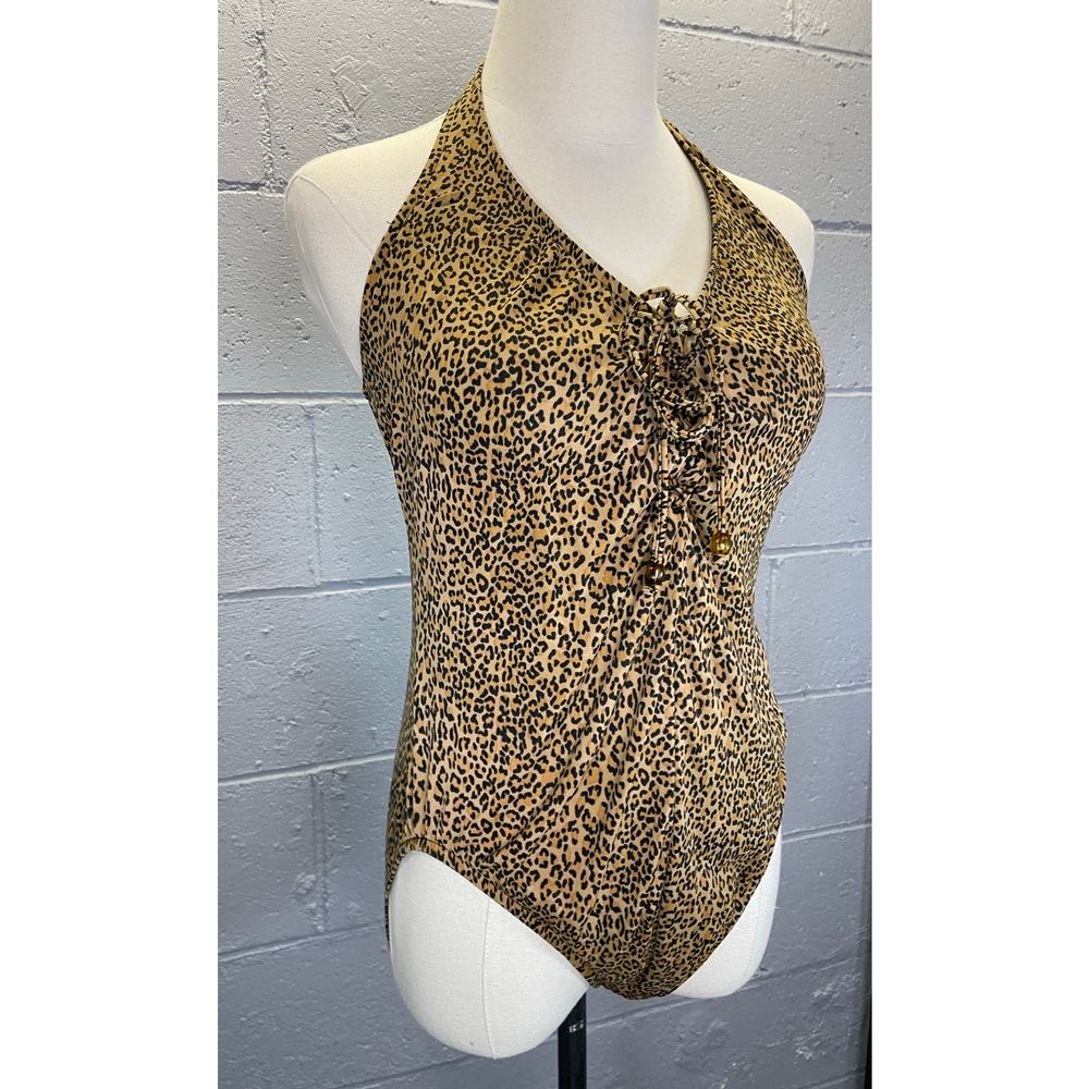 Vintage 1990s Leopard Print Halter Lace Up Bust High Cut Ome Piece Swimsuit M/L